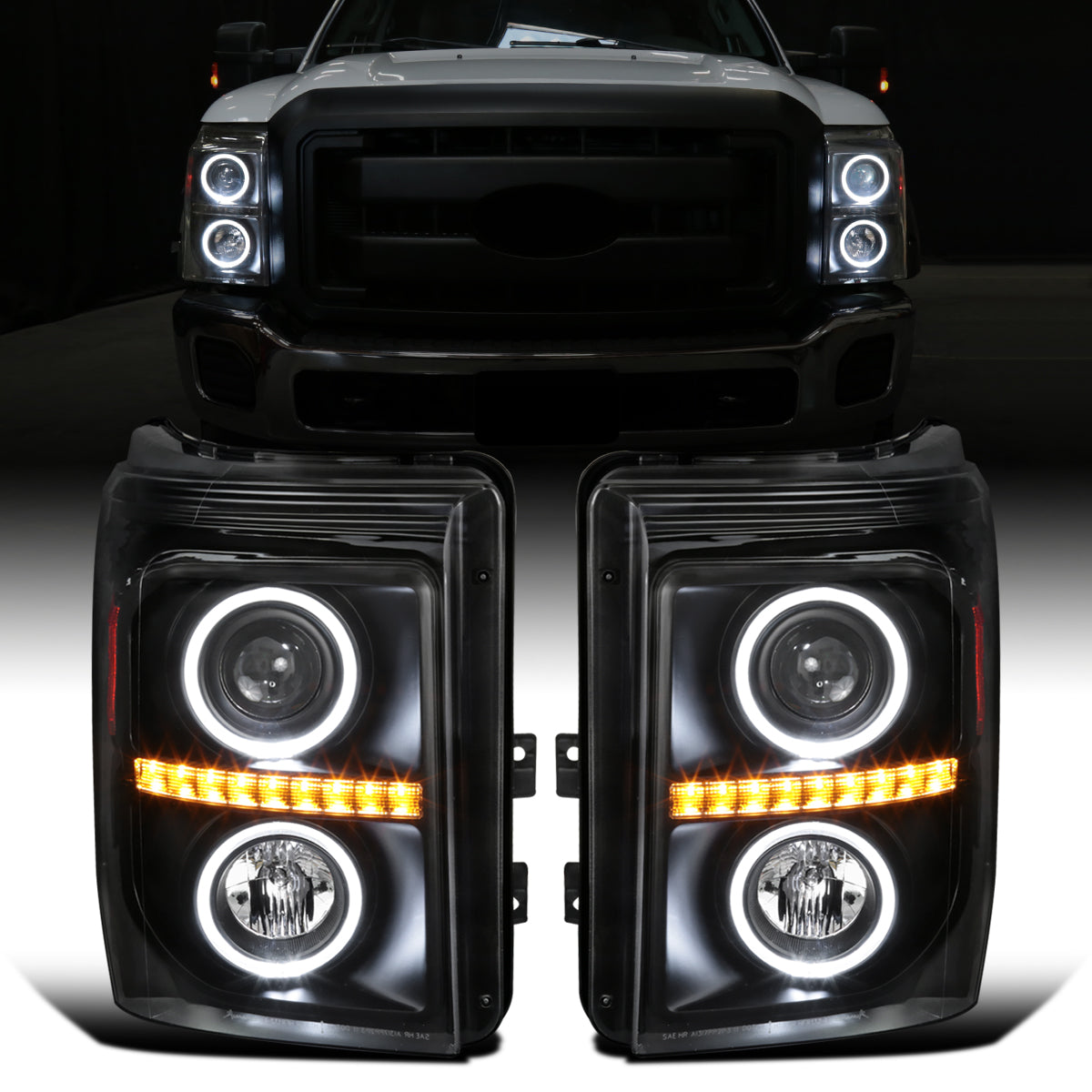 Ronnin -  Fits 2011-2016 Ford F250 F350 F450 F550 Super Duty LED Dual Halo Rims Driving Lights Projector Headlights Assembly Pair | Black