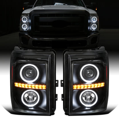 Ronnin -  Fits 2011-2016 Ford F250 F350 F450 F550 Super Duty LED Dual Halo Rims Driving Lights Projector Headlights Assembly Pair | Black