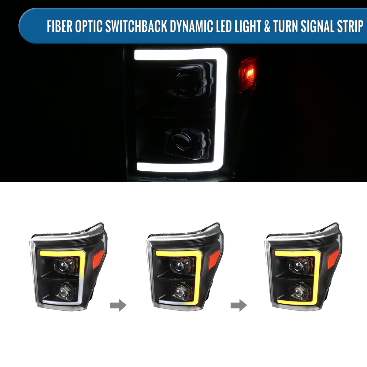 Ronnin - Fits 2011-2016 Ford F250 F350 F450 F550 Super Duty Dual Projector Headlights LED Switchback Sequential Turn Signals + Animated Startup Effect Assembly Pair | Black