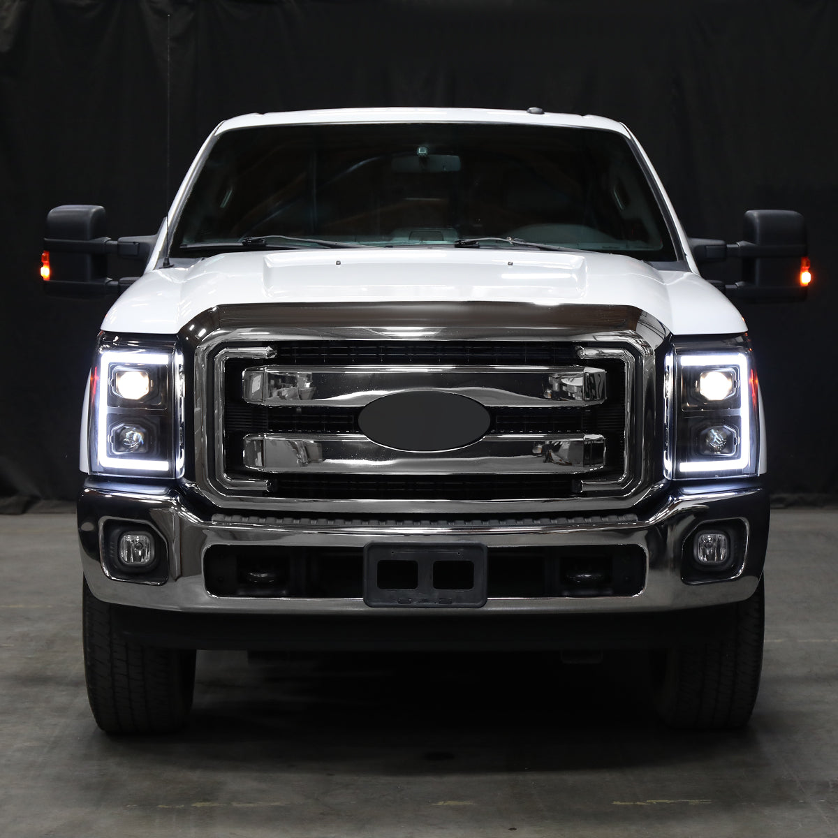 Ronnin - Fits 2011-2016 Ford F250 F350 F450 F550 Super Duty Dual Projector Headlights LED Switchback Sequential Turn Signals + Animated Startup Effect Assembly Pair | Black