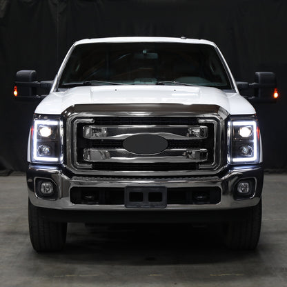 Ronnin - Fits 2011-2016 Ford F250 F350 F450 F550 Super Duty Dual Projector Headlights LED Switchback Sequential Turn Signals + Animated Startup Effect Assembly Pair | Black