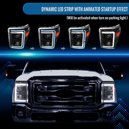 Ronnin - Fits 2011-2016 Ford F250 F350 F450 F550 Super Duty Dual Projector Headlights LED Switchback Sequential Turn Signals + Animated Startup Effect Assembly Pair | Black