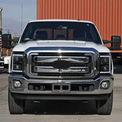 Ronnin - Fits 2011-2016 Ford F250 F350 F450 F550 Super Duty Dual Projector Headlights LED Switchback Sequential Turn Signals + Animated Startup Effect Assembly Pair | Black