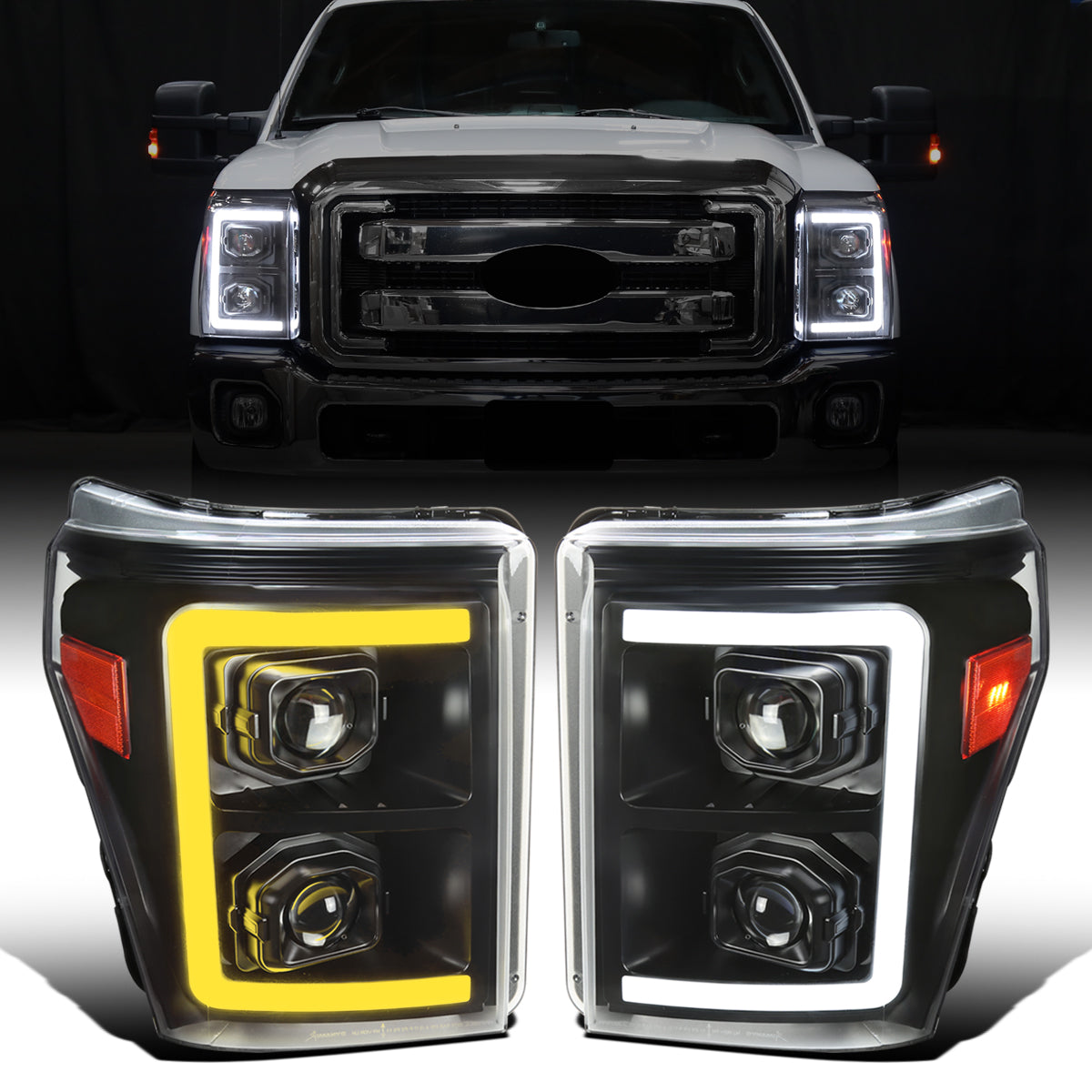 Ronnin - Fits 2011-2016 Ford F250 F350 F450 F550 Super Duty Dual Projector Headlights LED Switchback Sequential Turn Signals + Animated Startup Effect Assembly Pair | Black