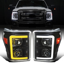 Ronnin - Fits 2011-2016 Ford F250 F350 F450 F550 Super Duty Dual Projector Headlights LED Switchback Sequential Turn Signals + Animated Startup Effect Assembly Pair | Black