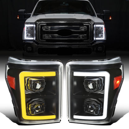 Ronnin - Fits 2011-2016 Ford F250 F350 F450 F550 Super Duty Dual Projector Headlights LED Switchback Sequential Turn Signals + Animated Startup Effect Assembly Pair | Black