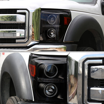 Ronnin -  Fits 2011-2016 Ford F250 F350 F450 F550 Super Duty LED Dual Halo Rims Driving Lights Projector Headlights Assembly Pair | Black Smoke