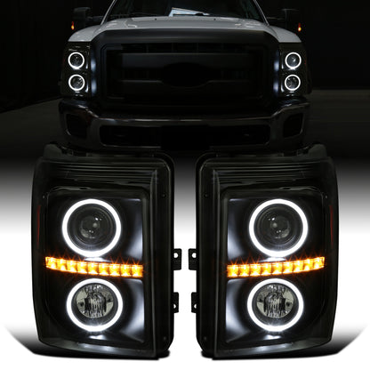 Ronnin -  Fits 2011-2016 Ford F250 F350 F450 F550 Super Duty LED Dual Halo Rims Driving Lights Projector Headlights Assembly Pair | Black Smoke