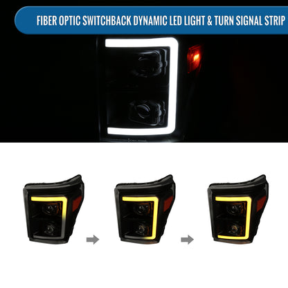 Ronnin - Fits 2011-2016 Ford F250 F350 F450 F550 Super Duty Dual Projector Headlights LED Switchback Sequential Turn Signals + Animated Startup Effect Assembly Pair | Black Smoke