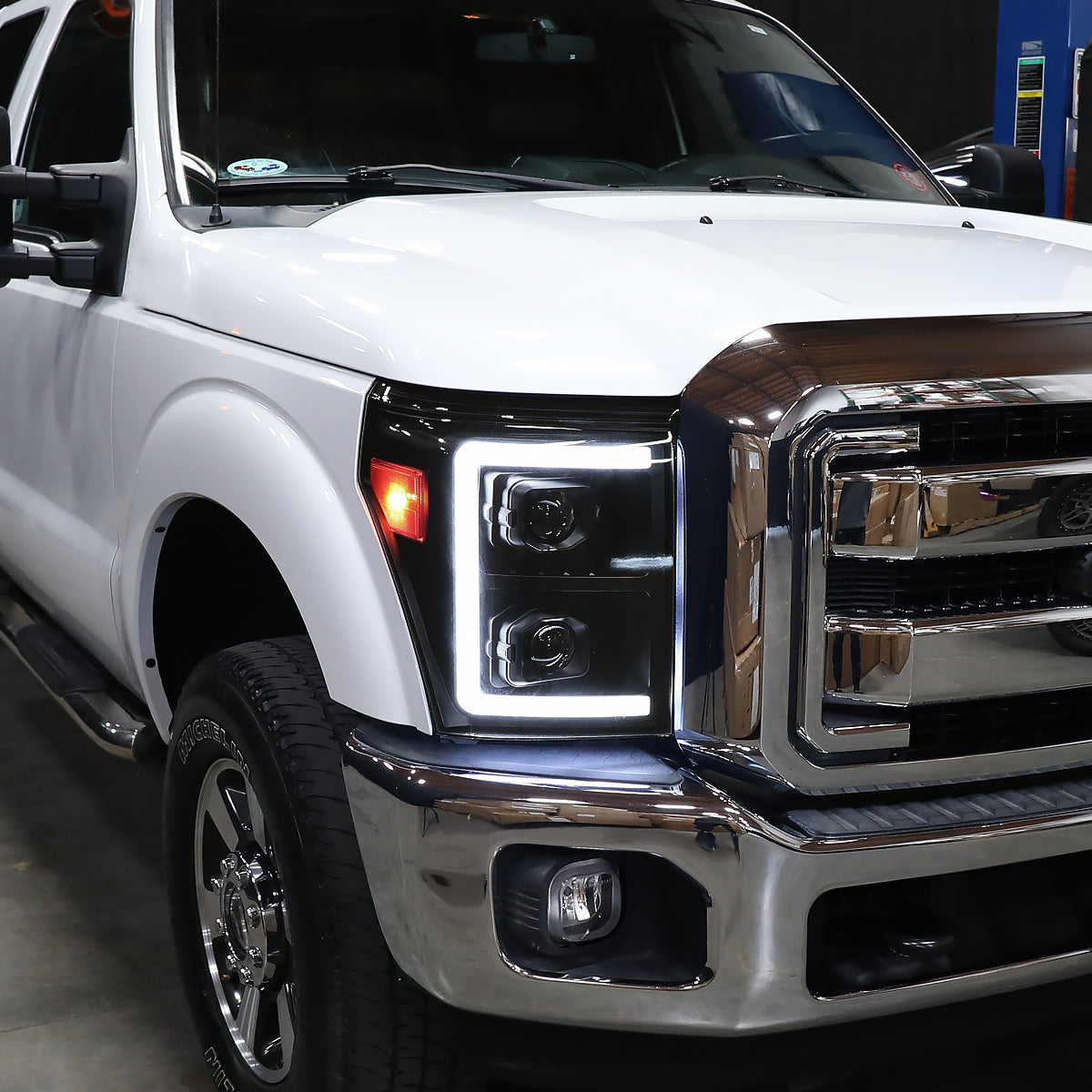 Ronnin - Fits 2011-2016 Ford F250 F350 F450 F550 Super Duty Dual Projector Headlights LED Switchback Sequential Turn Signals + Animated Startup Effect Assembly Pair | Black Smoke