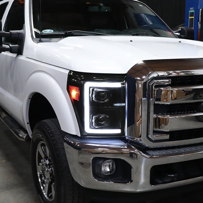 Ronnin - Fits 2011-2016 Ford F250 F350 F450 F550 Super Duty Dual Projector Headlights LED Switchback Sequential Turn Signals + Animated Startup Effect Assembly Pair | Black Smoke