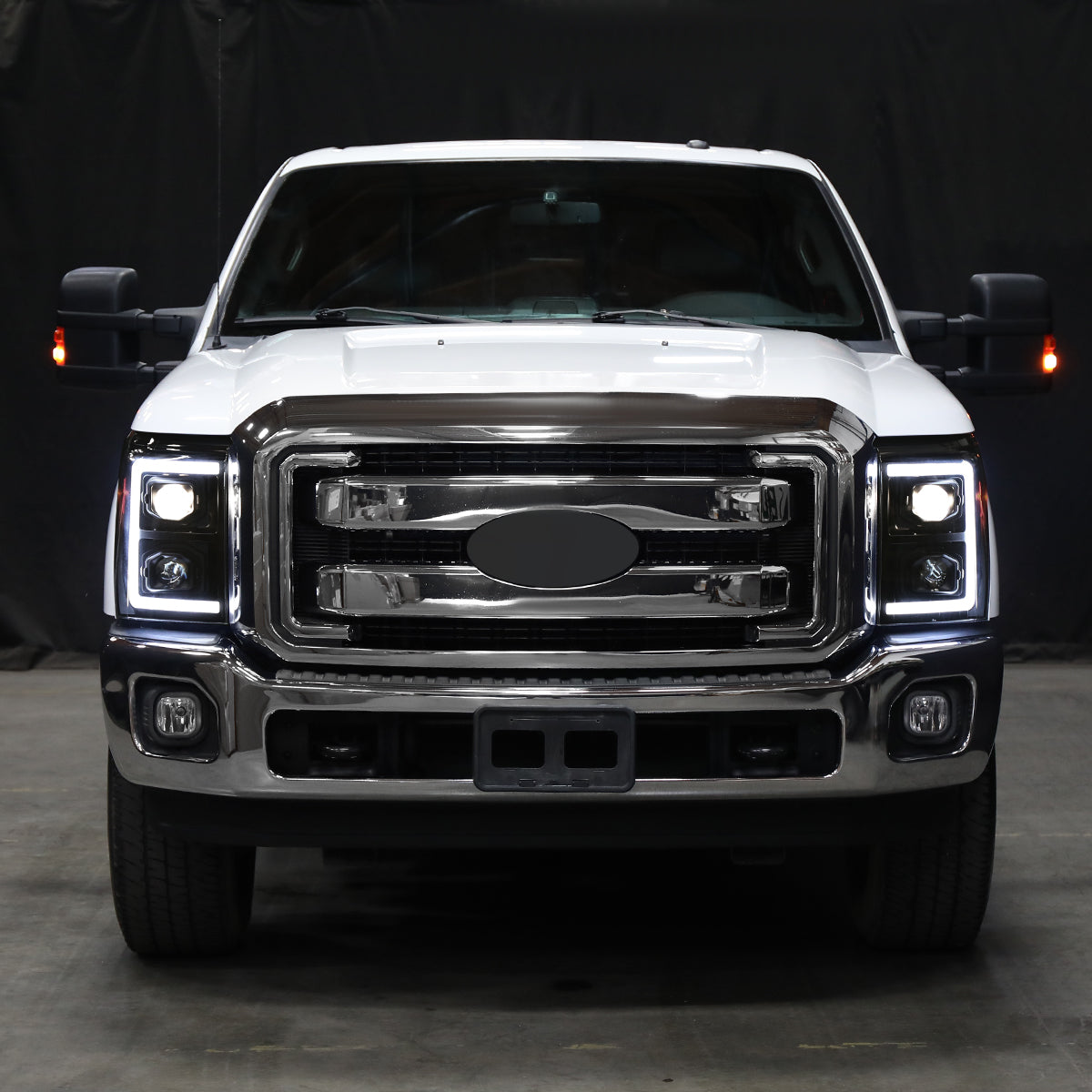 Ronnin - Fits 2011-2016 Ford F250 F350 F450 F550 Super Duty Dual Projector Headlights LED Switchback Sequential Turn Signals + Animated Startup Effect Assembly Pair | Black Smoke