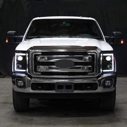 Ronnin - Fits 2011-2016 Ford F250 F350 F450 F550 Super Duty Dual Projector Headlights LED Switchback Sequential Turn Signals + Animated Startup Effect Assembly Pair | Black Smoke