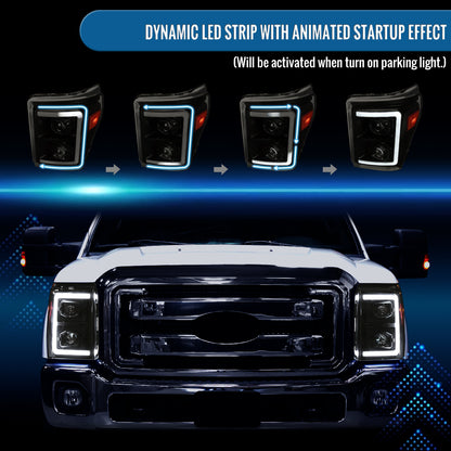 Ronnin - Fits 2011-2016 Ford F250 F350 F450 F550 Super Duty Dual Projector Headlights LED Switchback Sequential Turn Signals + Animated Startup Effect Assembly Pair | Black Smoke