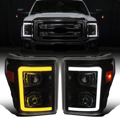 Ronnin - Fits 2011-2016 Ford F250 F350 F450 F550 Super Duty Dual Projector Headlights LED Switchback Sequential Turn Signals + Animated Startup Effect Assembly Pair | Black Smoke