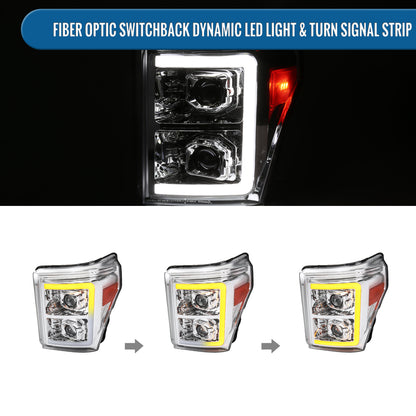 Ronnin - Fits 2011-2016 Ford F250 F350 F450 F550 Super Duty Dual Projector Headlights LED Switchback Sequential Turn Signals + Animated Startup Effect Assembly Pair | Chrome