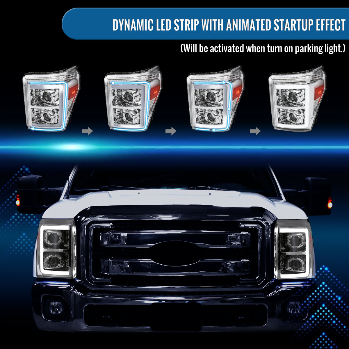 Ronnin - Fits 2011-2016 Ford F250 F350 F450 F550 Super Duty Dual Projector Headlights LED Switchback Sequential Turn Signals + Animated Startup Effect Assembly Pair | Chrome