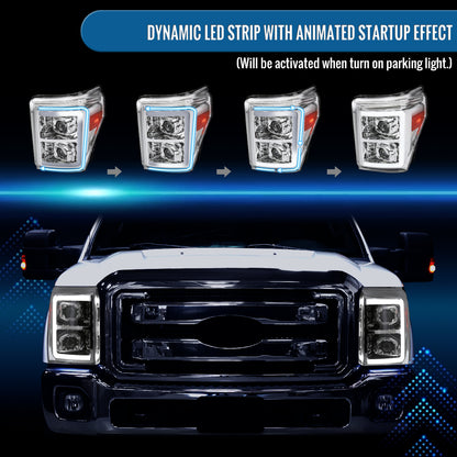 Ronnin - Fits 2011-2016 Ford F250 F350 F450 F550 Super Duty Dual Projector Headlights LED Switchback Sequential Turn Signals + Animated Startup Effect Assembly Pair | Chrome