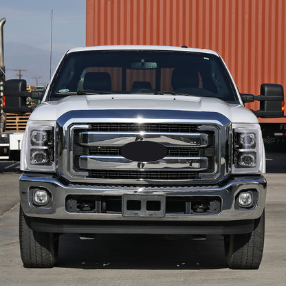 Ronnin - Fits 2011-2016 Ford F250 F350 F450 F550 Super Duty Dual Projector Headlights LED Switchback Sequential Turn Signals + Animated Startup Effect Assembly Pair | Chrome