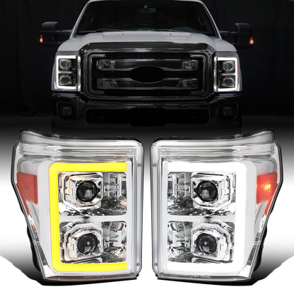 Ronnin - Fits 2011-2016 Ford F250 F350 F450 F550 Super Duty Dual Projector Headlights LED Switchback Sequential Turn Signals + Animated Startup Effect Assembly Pair | Chrome