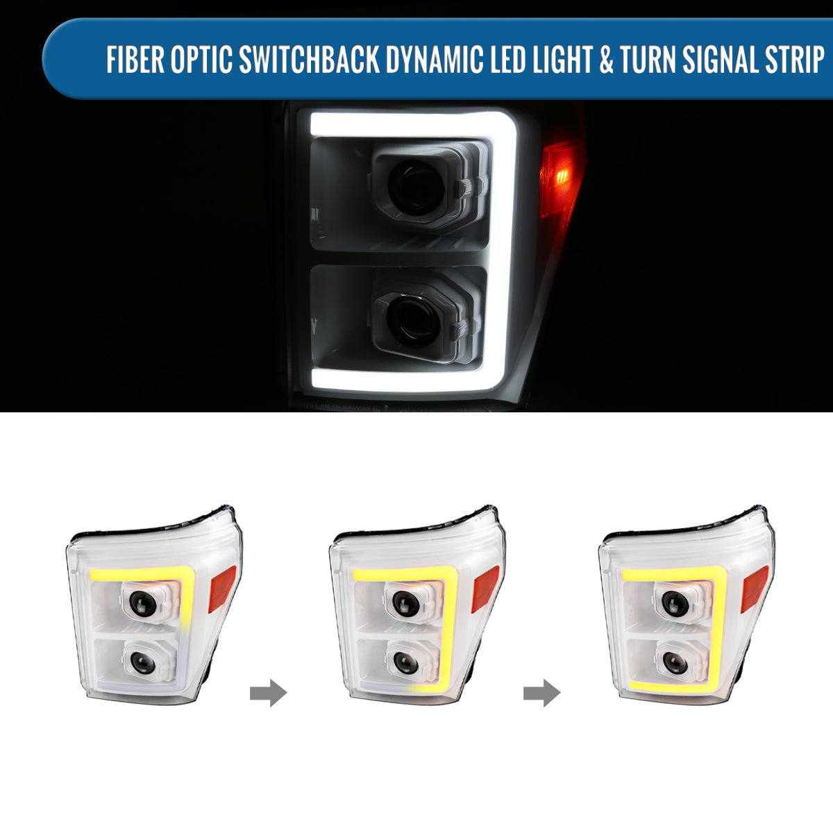 Ronnin - Fits 2011-2016 Ford F250 F350 F450 F550 Super Duty Dual Projector Headlights LED Switchback Sequential Turn Signals + Animated Startup Effect Assembly Pair | White