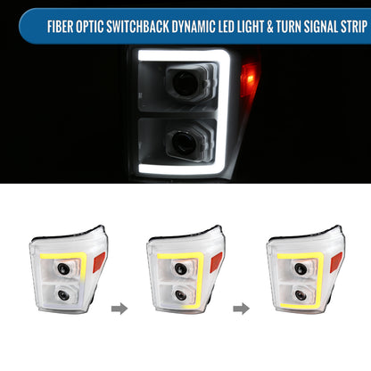 Ronnin - Fits 2011-2016 Ford F250 F350 F450 F550 Super Duty Dual Projector Headlights LED Switchback Sequential Turn Signals + Animated Startup Effect Assembly Pair | White