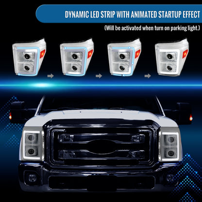 Ronnin - Fits 2011-2016 Ford F250 F350 F450 F550 Super Duty Dual Projector Headlights LED Switchback Sequential Turn Signals + Animated Startup Effect Assembly Pair | White
