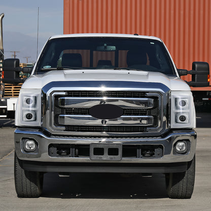 Ronnin - Fits 2011-2016 Ford F250 F350 F450 F550 Super Duty Dual Projector Headlights LED Switchback Sequential Turn Signals + Animated Startup Effect Assembly Pair | White