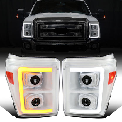 Ronnin - Fits 2011-2016 Ford F250 F350 F450 F550 Super Duty Dual Projector Headlights LED Switchback Sequential Turn Signals + Animated Startup Effect Assembly Pair | White