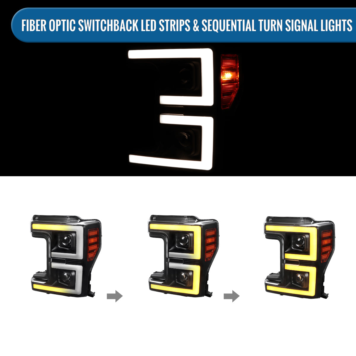 Ronnin - Fits 2017-2019 Ford F250 F350 F450 F550 Super Duty Upgraded LED Switchback Turn Signal Dual Halogen Projector Headlights Assembly Pair | Black