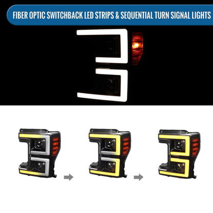 Ronnin - Fits 2017-2019 Ford F250 F350 F450 F550 Super Duty Upgraded LED Switchback Turn Signal Dual Halogen Projector Headlights Assembly Pair | Black