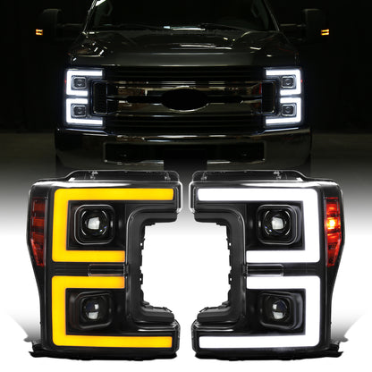 Ronnin - Fits 2017-2019 Ford F250 F350 F450 F550 Super Duty Upgraded LED Switchback Turn Signal Dual Halogen Projector Headlights Assembly Pair | Black