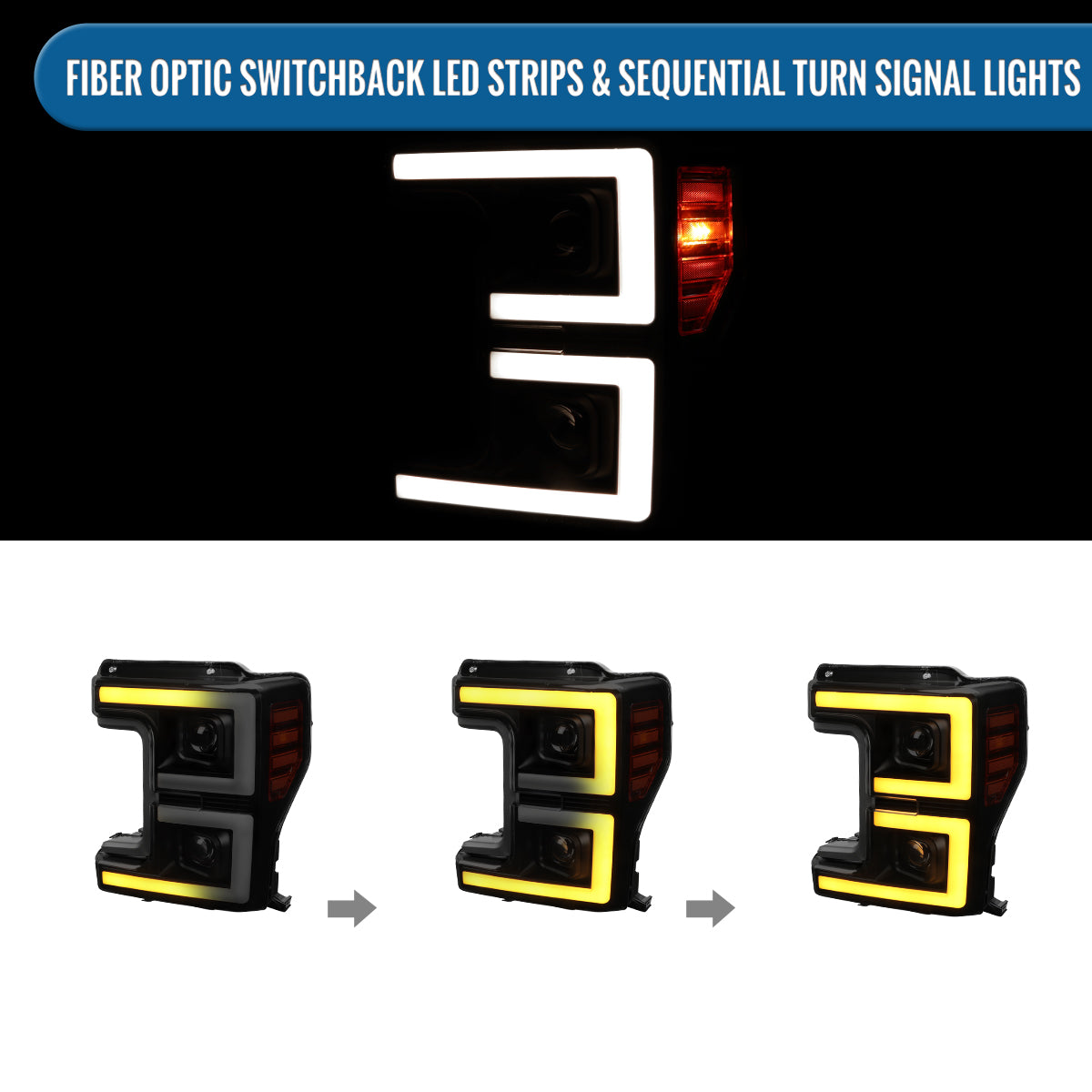 Ronnin - Fits 2017-2019 Ford F250 F350 F450 F550 Super Duty Upgraded LED Switchback Turn Signal Dual Halogen Projector Headlights Assembly Pair | Black Smoke