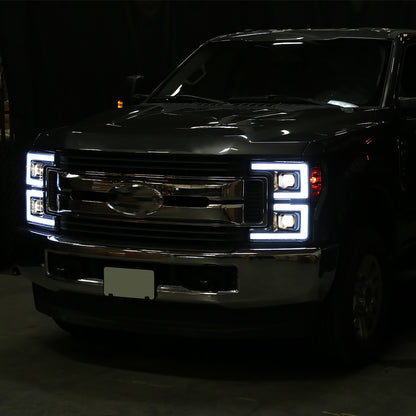 Ronnin - Fits 2017-2019 Ford F250 F350 F450 F550 Super Duty Upgraded LED Switchback Turn Signal Dual Halogen Projector Headlights Assembly Pair | Black Smoke