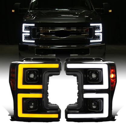 Ronnin - Fits 2017-2019 Ford F250 F350 F450 F550 Super Duty Upgraded LED Switchback Turn Signal Dual Halogen Projector Headlights Assembly Pair | Black Smoke