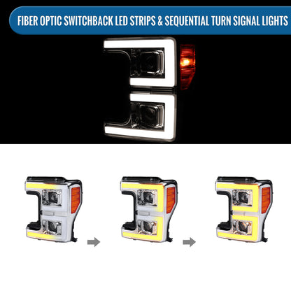 Ronnin - Fits 2017-2019 Ford F250 F350 F450 F550 Super Duty Upgraded LED Switchback Turn Signal Dual Halogen Projector Headlights Assembly Pair | Chrome