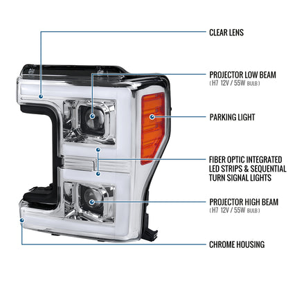 Ronnin - Fits 2017-2019 Ford F250 F350 F450 F550 Super Duty Upgraded LED Switchback Turn Signal Dual Halogen Projector Headlights Assembly Pair | Chrome