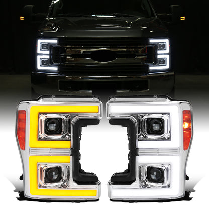 Ronnin - Fits 2017-2019 Ford F250 F350 F450 F550 Super Duty Upgraded LED Switchback Turn Signal Dual Halogen Projector Headlights Assembly Pair | Chrome