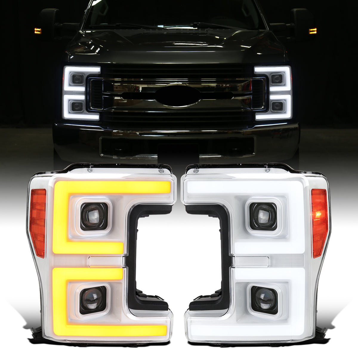 Ronnin - Fits 2017-2019 Ford F250 F350 F450 F550 Super Duty Upgraded LED Switchback Turn Signal Dual Halogen Projector Headlights Assembly Pair | White