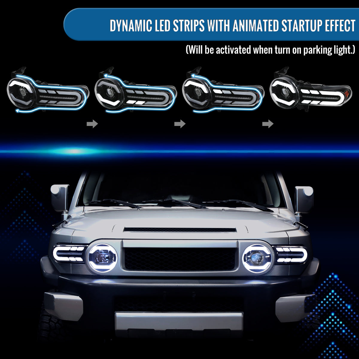 Ronnin - Fits 2007-2014 Toyota FJ Cruiser Projector Headlights LED Sequential Turn Signals + Animated Startup Effect Lamps Assembly Pair | Black
