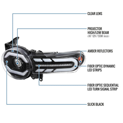 Ronnin - Fits 2007-2014 Toyota FJ Cruiser Projector Headlights LED Sequential Turn Signals + Animated Startup Effect Lamps Assembly Pair | Black