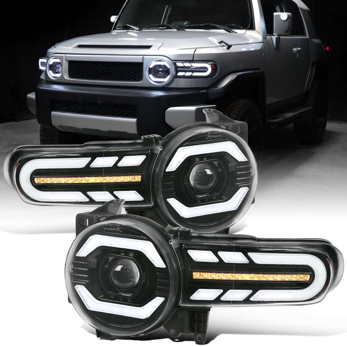 Ronnin - Fits 2007-2014 Toyota FJ Cruiser Projector Headlights LED Sequential Turn Signals + Animated Startup Effect Lamps Assembly Pair | Black