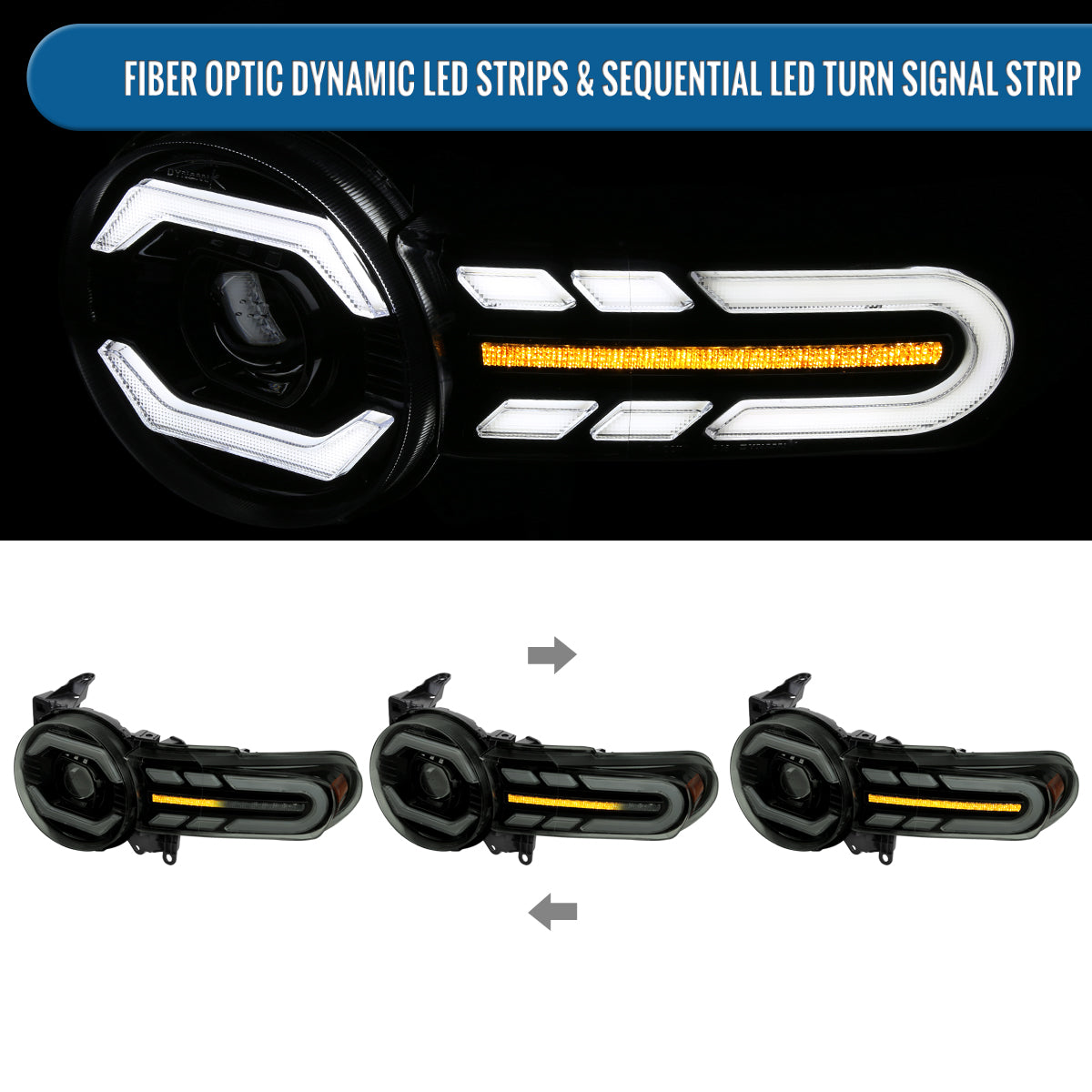 Ronnin - Fits 2007-2014 Toyota FJ Cruiser Projector Headlights LED Sequential Turn Signals + Animated Startup Effect Lamps Assembly Pair | Black Smoke
