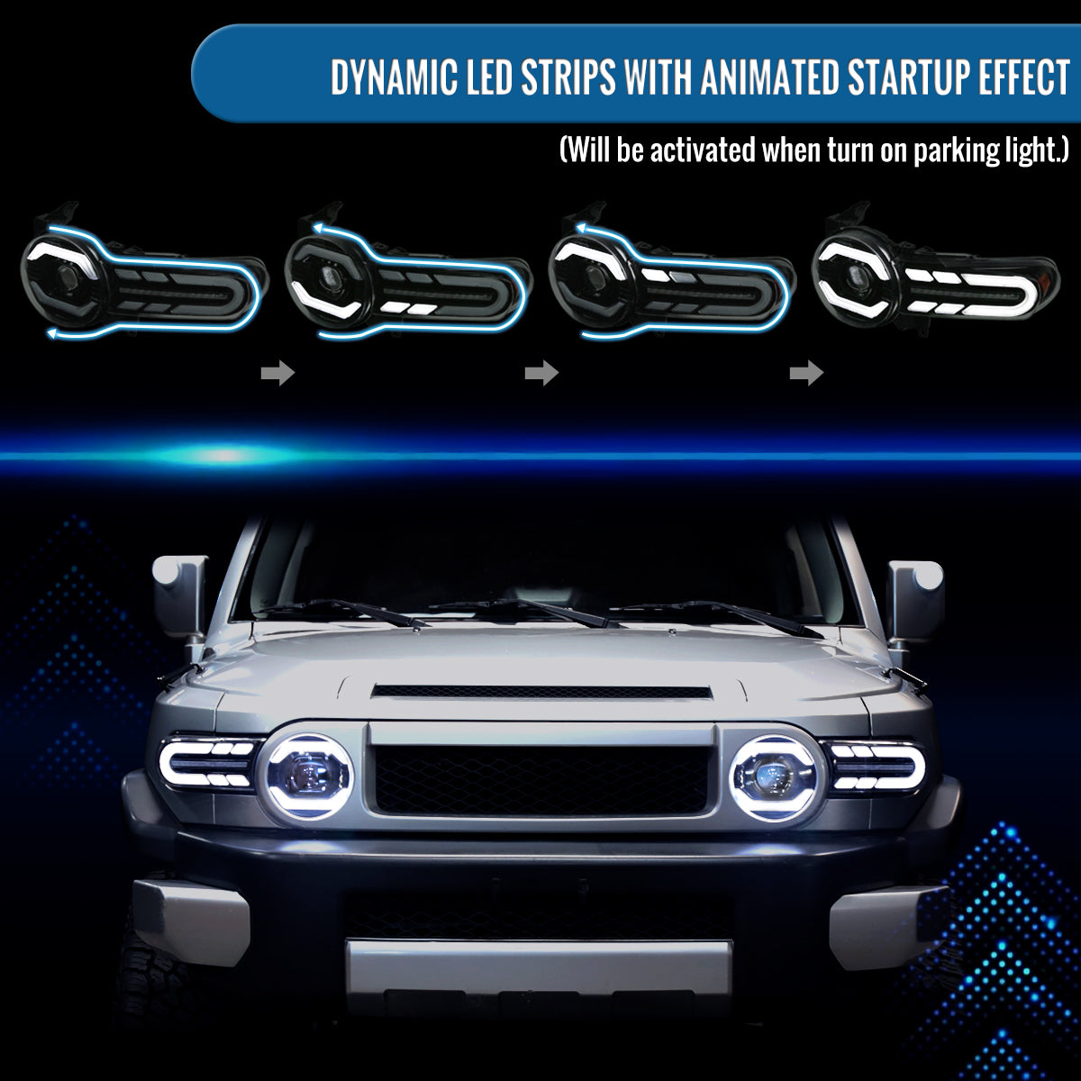 Ronnin - Fits 2007-2014 Toyota FJ Cruiser Projector Headlights LED Sequential Turn Signals + Animated Startup Effect Lamps Assembly Pair | Black Smoke