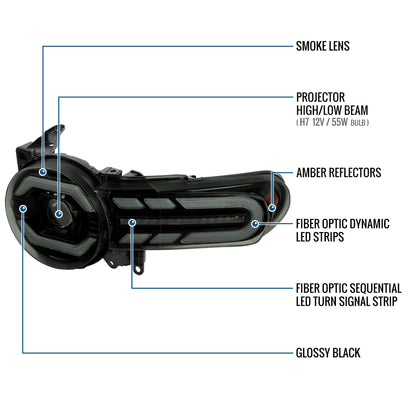 Ronnin - Fits 2007-2014 Toyota FJ Cruiser Projector Headlights LED Sequential Turn Signals + Animated Startup Effect Lamps Assembly Pair | Black Smoke