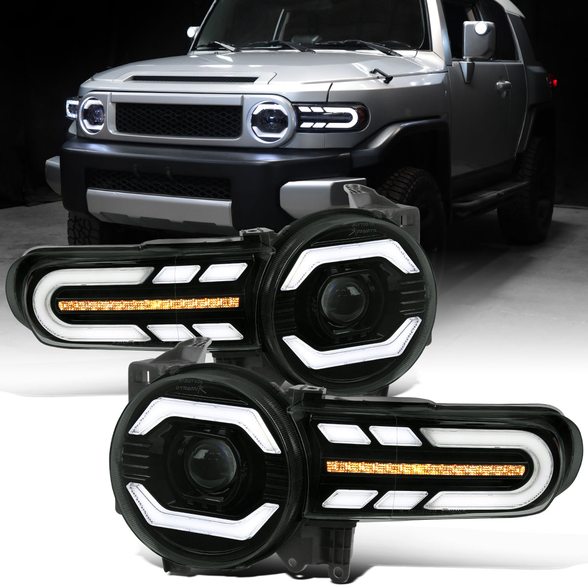Ronnin - Fits 2007-2014 Toyota FJ Cruiser Projector Headlights LED Sequential Turn Signals + Animated Startup Effect Lamps Assembly Pair | Black Smoke