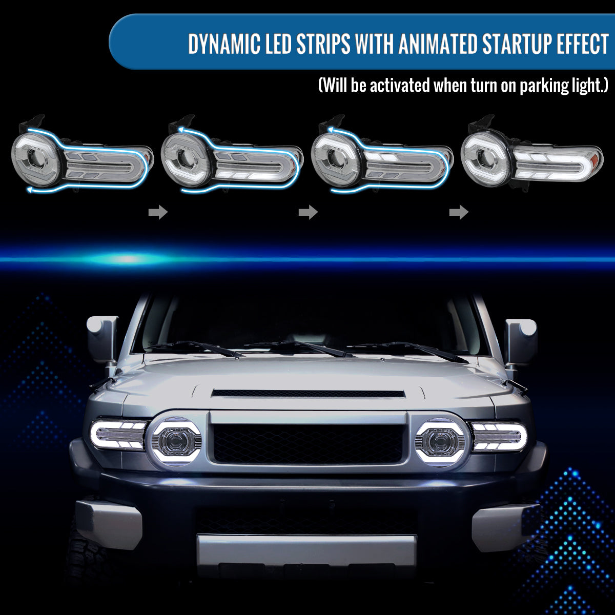 Ronnin - Fits 2007-2014 Toyota FJ Cruiser Projector Headlights LED Sequential Turn Signals + Animated Startup Effect Lamps Assembly Pair | Chrome