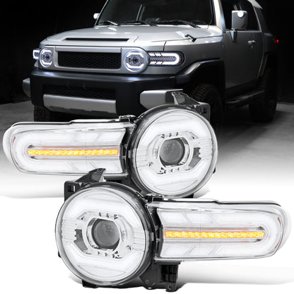 Ronnin - Fits 2007-2014 Toyota FJ Cruiser Projector Headlights LED Sequential Turn Signals + Animated Startup Effect Lamps Assembly Pair | Chrome