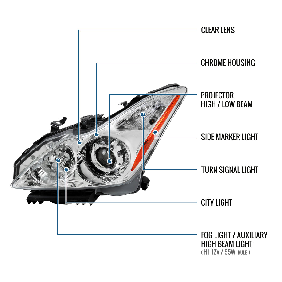 Ronnin - Fits 2008-2013 Infiniti G37 2014-2015 Q60 2Dr Coupe Factory Replacement Projector Headlights Assembly | Chrome