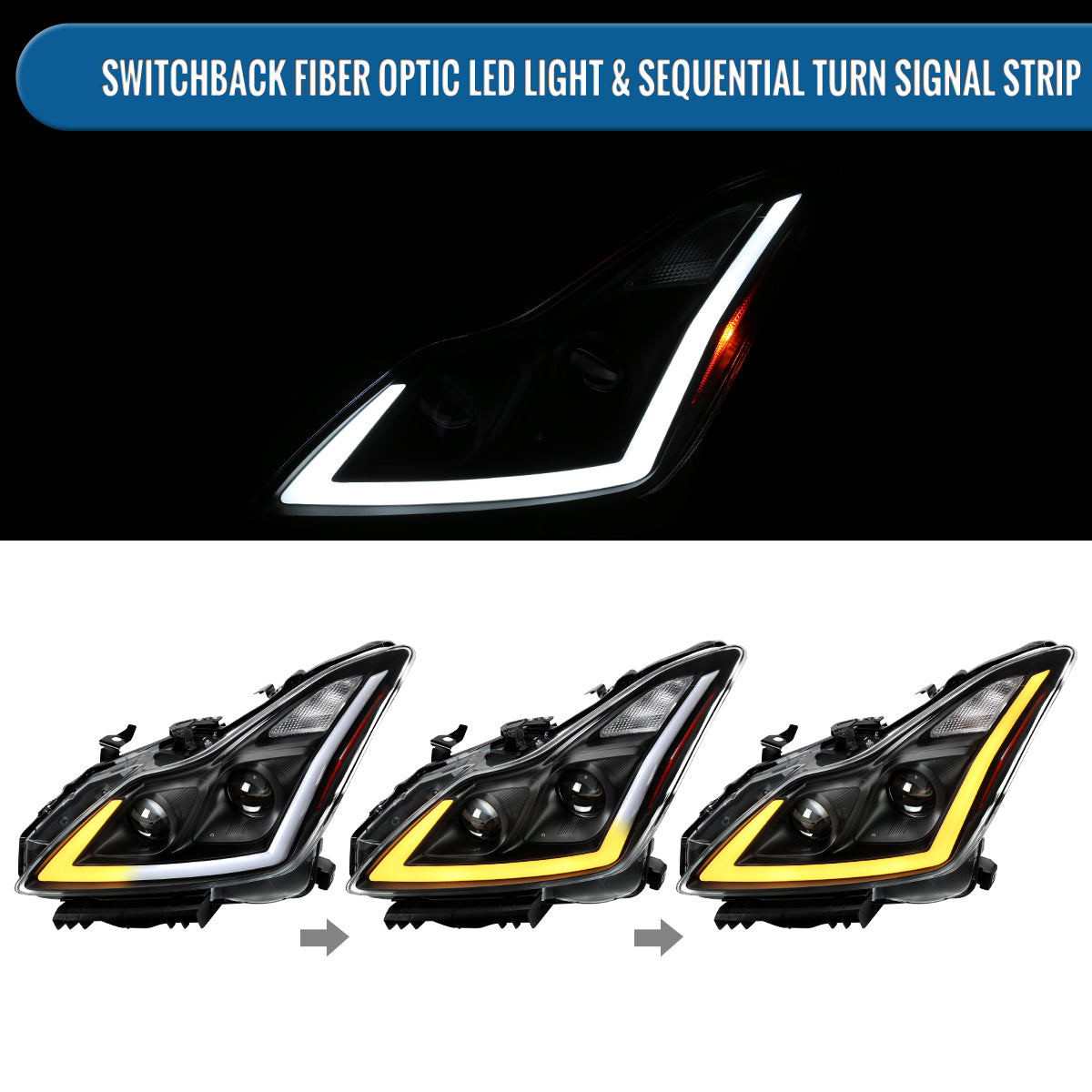 Ronnin - Fits 2008-2013 Infiniti G37 2014-2015 Infiniti Q60 Coupe Fog + Dual Beam Projector Headlights Switchback LED Sequential Signal + Animated Startup Effect Pair | Black